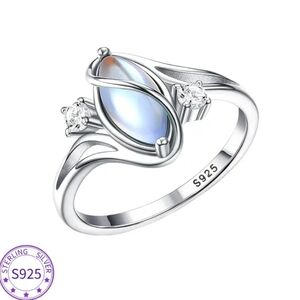 925 Silver Ring Rainbow Moonstone Zirconia  Silvery Crystal Gemstone Rings